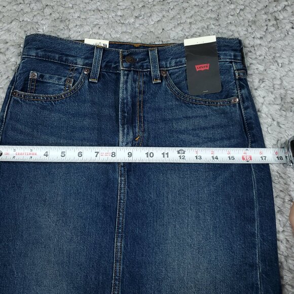 Levi's Premium Ankle Column Denim Midi Jean Skirt Size 24 Dark Wash Blue - Picture 9 of 10
